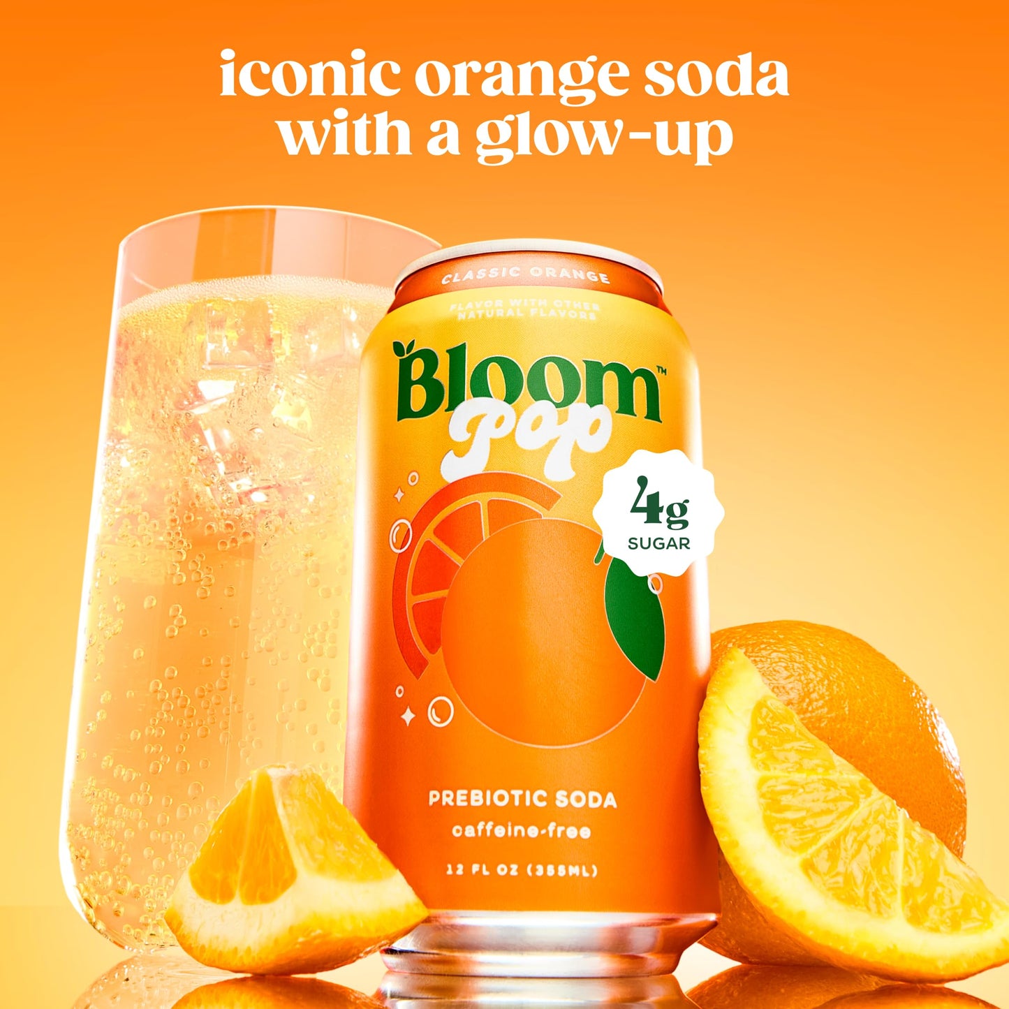 Bloom Pop Prebiotic Soda 12 Pack  Classic Orange Flavor  12oz Cans | Prebiotic Soda for Gut Health  Low Calorie Soda  No Caffeine  Healthy Soft Drink Alternative