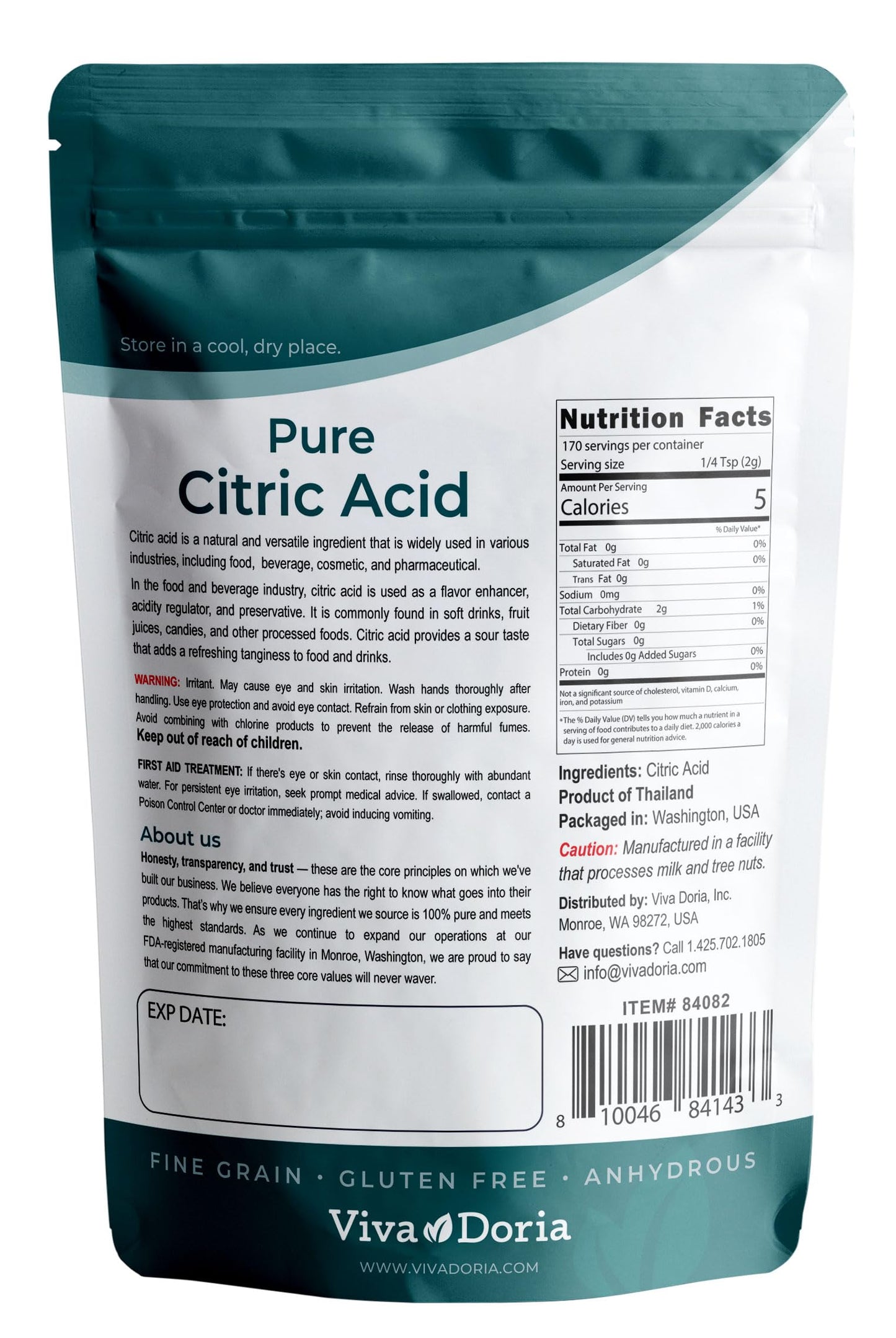 Viva Doria 100% Pure Citric Acid  Food Grade  Fine Grain  12 oz (340 g)