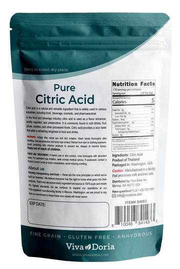 Viva Doria 100% Pure Citric Acid  Food Grade  Fine Grain  12 oz (340 g)