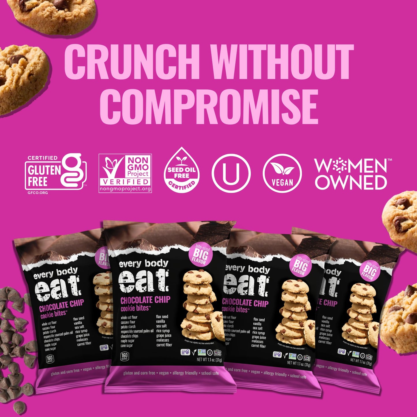 Every Body Eat Crunchy Cookie Bites, Gluten & Dairy Free, Vegan, School Safe Lunch Snacks, Single Serve (Pack Of 20) (Chocolate