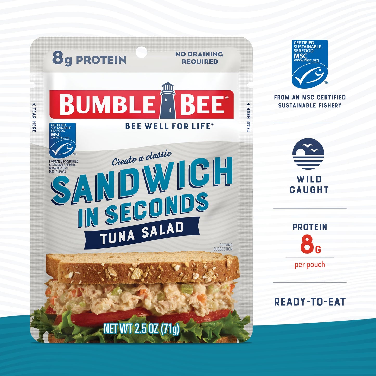 Bumble Bee Sandwich In Seconds Tuna Salad, 2.5 Oz Pouches (Pack Of 12) - Ready To Eat - Wild Caught Tuna Pouch - 8G Protein Per Serving - Gluten Free