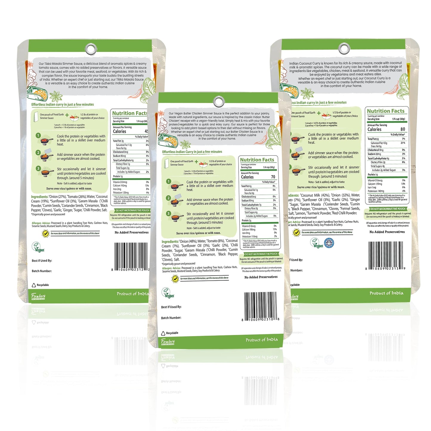 Food Earth Indian Simmer Sauces - Butter Chicken, Coconut Curry & Tikka Masala - Organic, Vegan, Gluten-Free Cooking Sauces (6 P