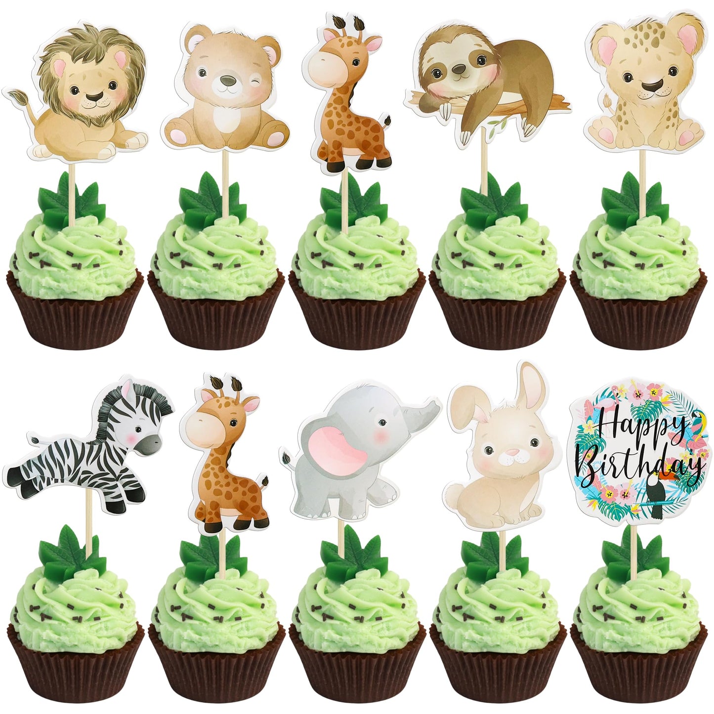 Gyufise 36Pcs Safari Animals Cupcake Toppers Jungle Animals Cupcake Picks Elephant Giraffe Lion Hippo Monkey Zebra Leaf Cake Dec