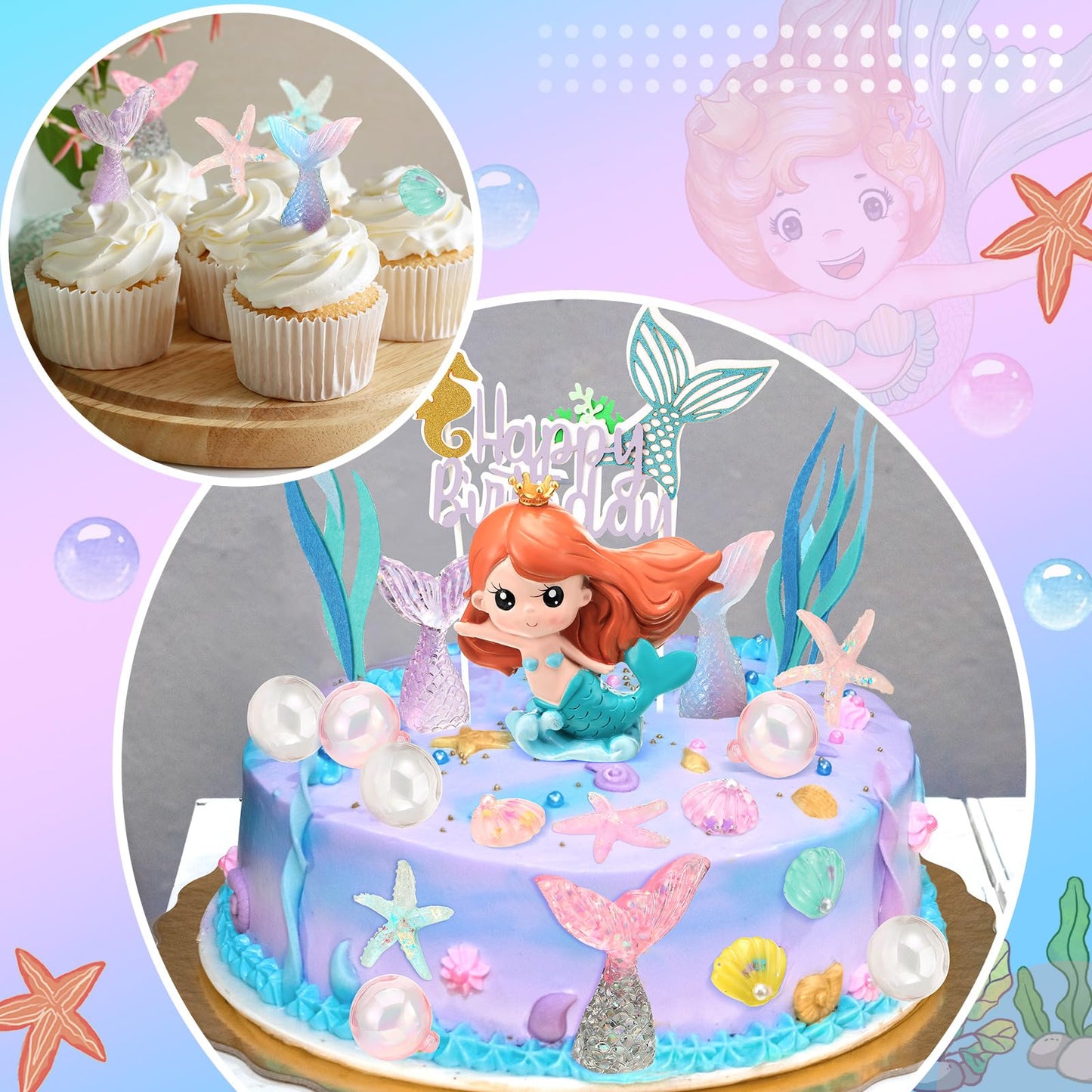 25 Pcs Mermaid Under The Sea Cake Toppers Kit With Little Resin 3D Mermaid Seaweed Palm Leaves Bubble Starfish Shell Mermaid Tai
