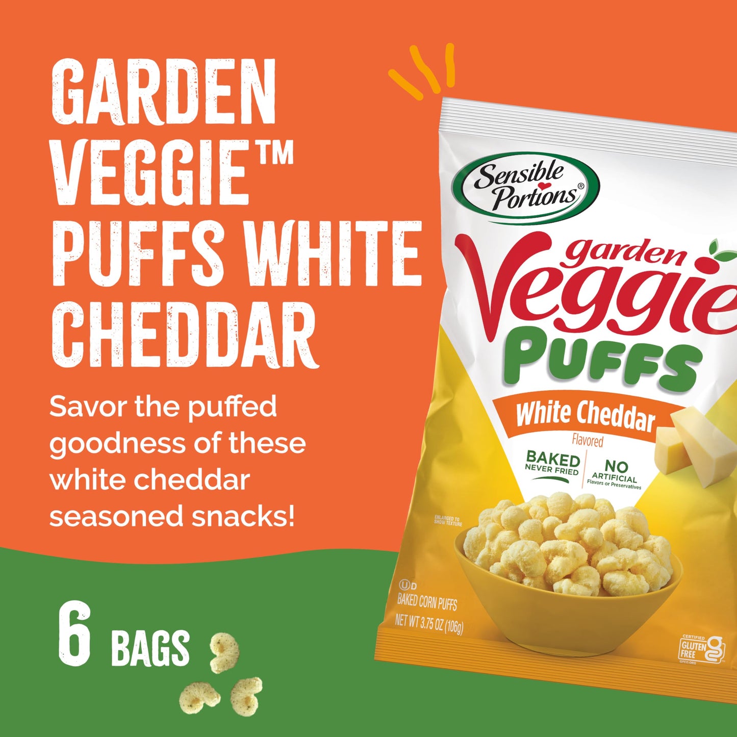 Sensible Portions Veggie Puffs, White Cheddar Flavor, Gluten-Free Chips, 3.75 Ounce Bag, 6-Pack