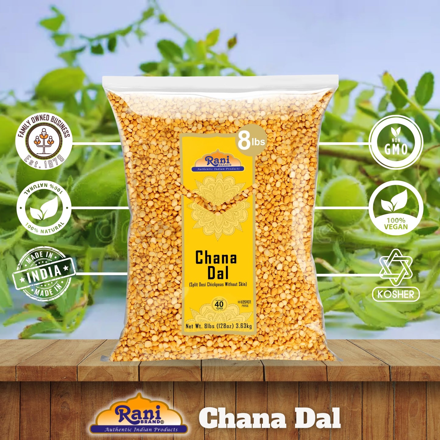 Rani Chana Dal (Split Desi Chickpeas Without Skin) 128Oz (8Lbs) 3.63Kg Bulk ~ All Natural | Gluten Friendly | Non-Gmo | Kosher | Vegan | Indian Origin