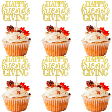 24 Pcs Happy Friendsgiving Cupcake Toppers Glitter Fall Theme Thanksgiving Cupcake Picks Give Thanks Cake Decorations For Happy