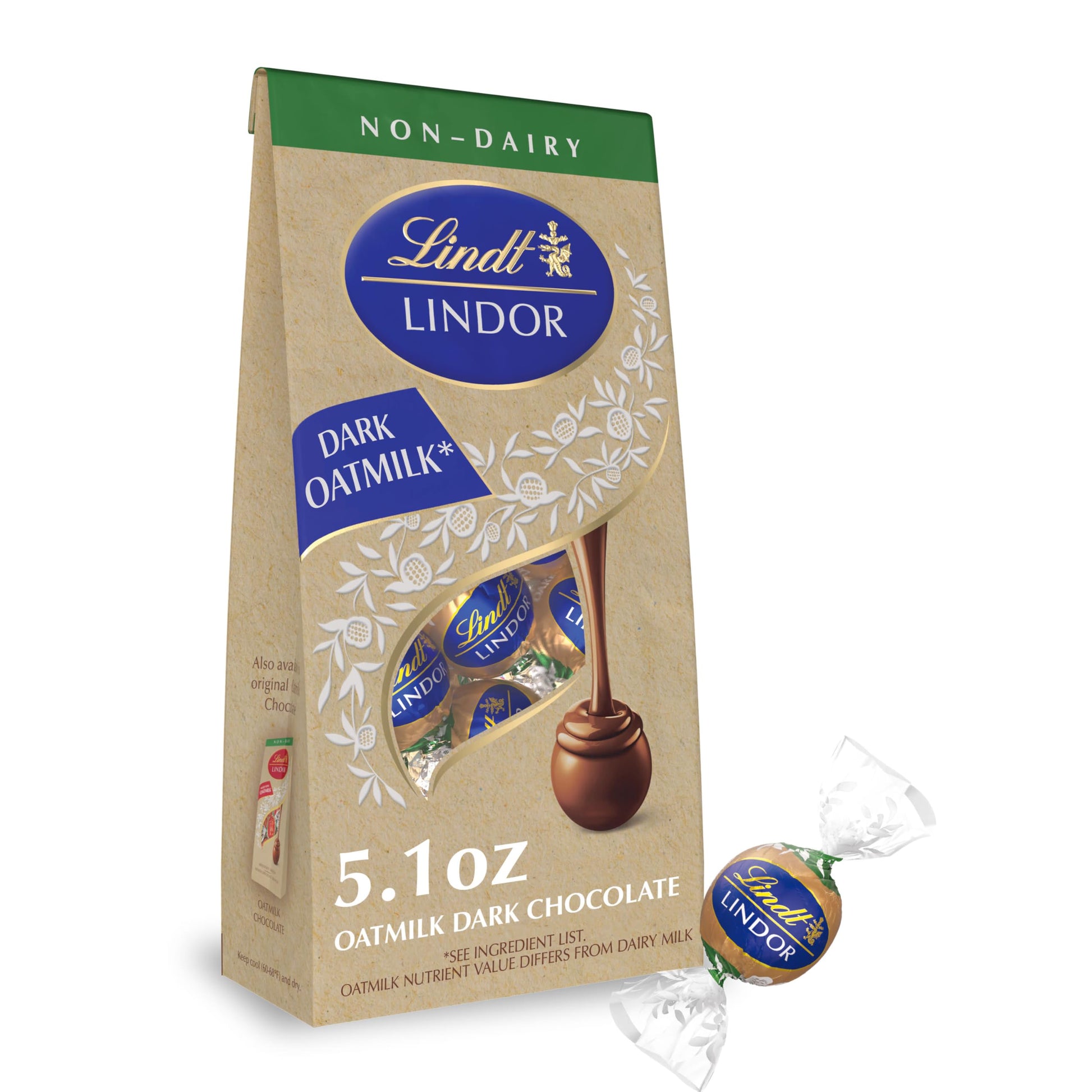 Lindt Lindor Oatmilk Dark Chocolate Candy Truffles, Non-Dairy Chocolate Truffles With Smooth, Melting Truffle Center, 5.1 Oz.