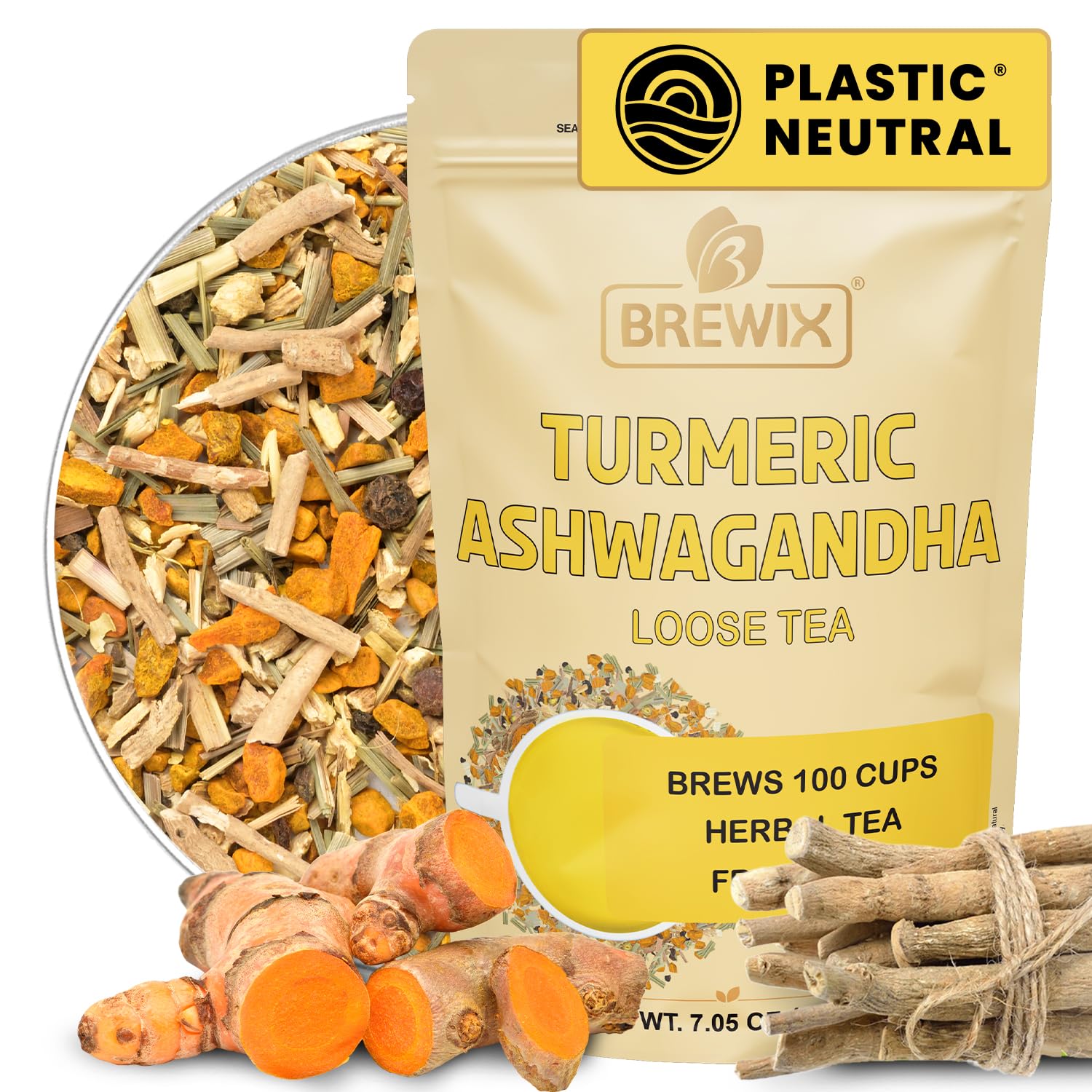 Brewix  Turmeric Ashwagandha Herbal Tea Loose Leaf (100+ Cups  7.05Oz/200G) Real Ingredients From India  Energy Blend Free & Naturally Gluten Free