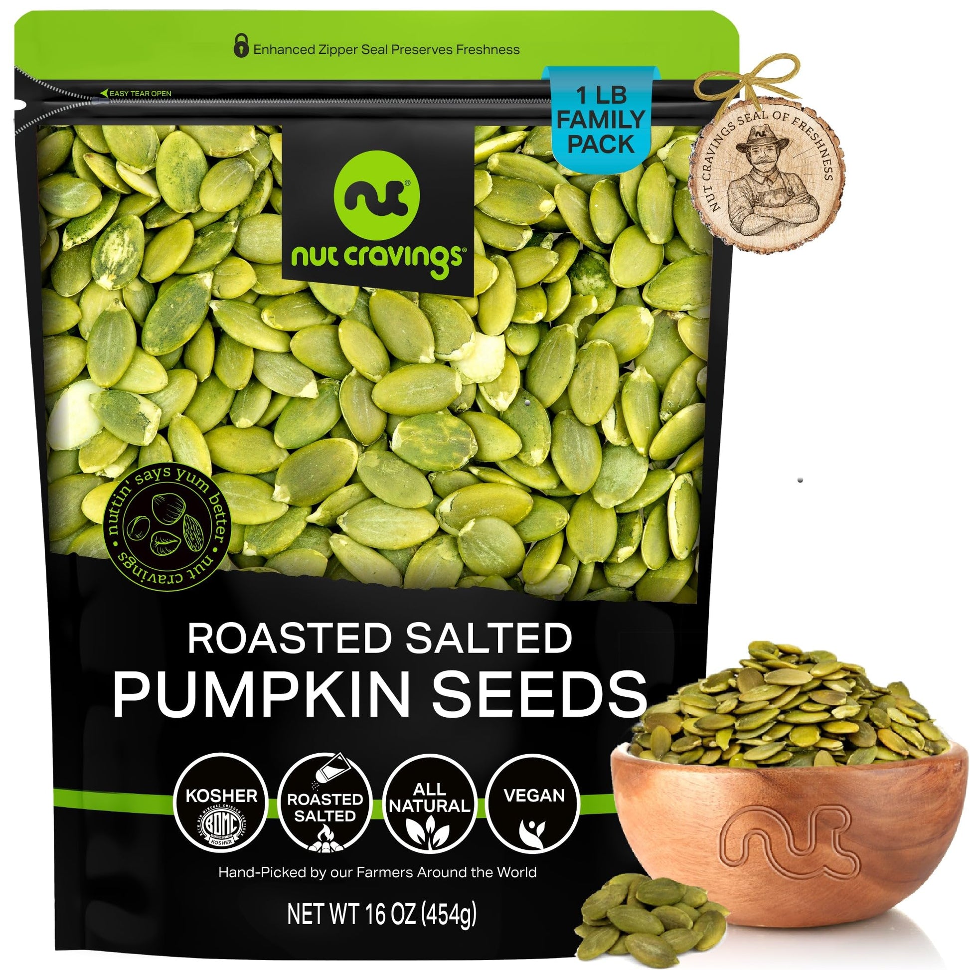 NUT CRAVINGS - Roasted & Salted Pumpkin Seeds, Pepitas, No Shell (16oz - 1 LB) Packed Fresh in Resealable Bag - Nut Snack - Heal