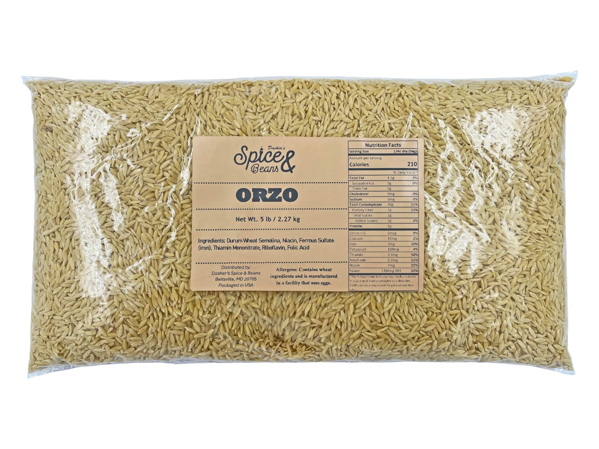 Dasher's Spice & Beans Orzo Pasta Noodles | 100% Durum Semolina Flour | Made in America | 5 lb.
