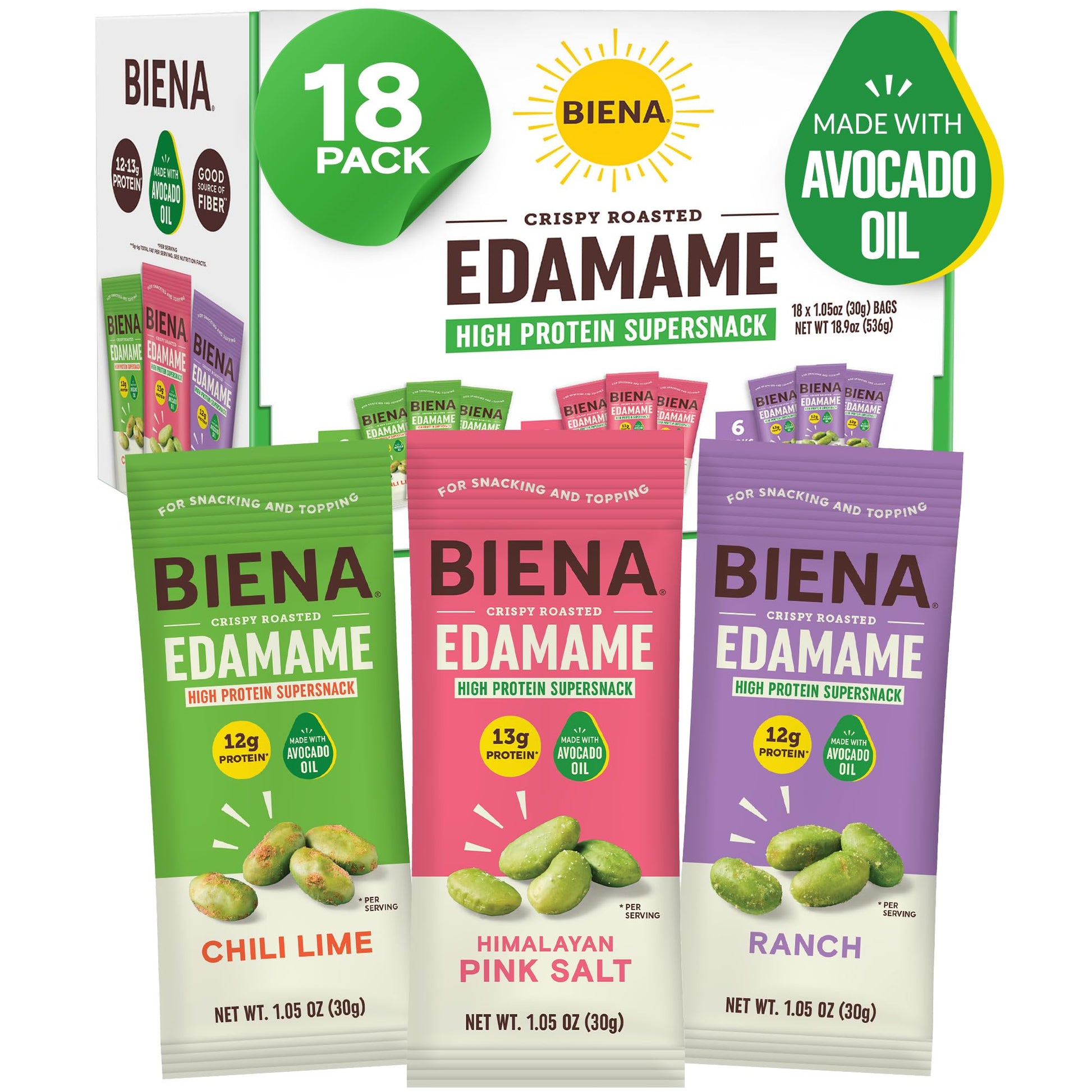 Biena Crispy Roasted Edamame Beans Snack - High Protein Low Carb Snack for Adults & Kids, 12g-13g Protein per Serving - Made w/A