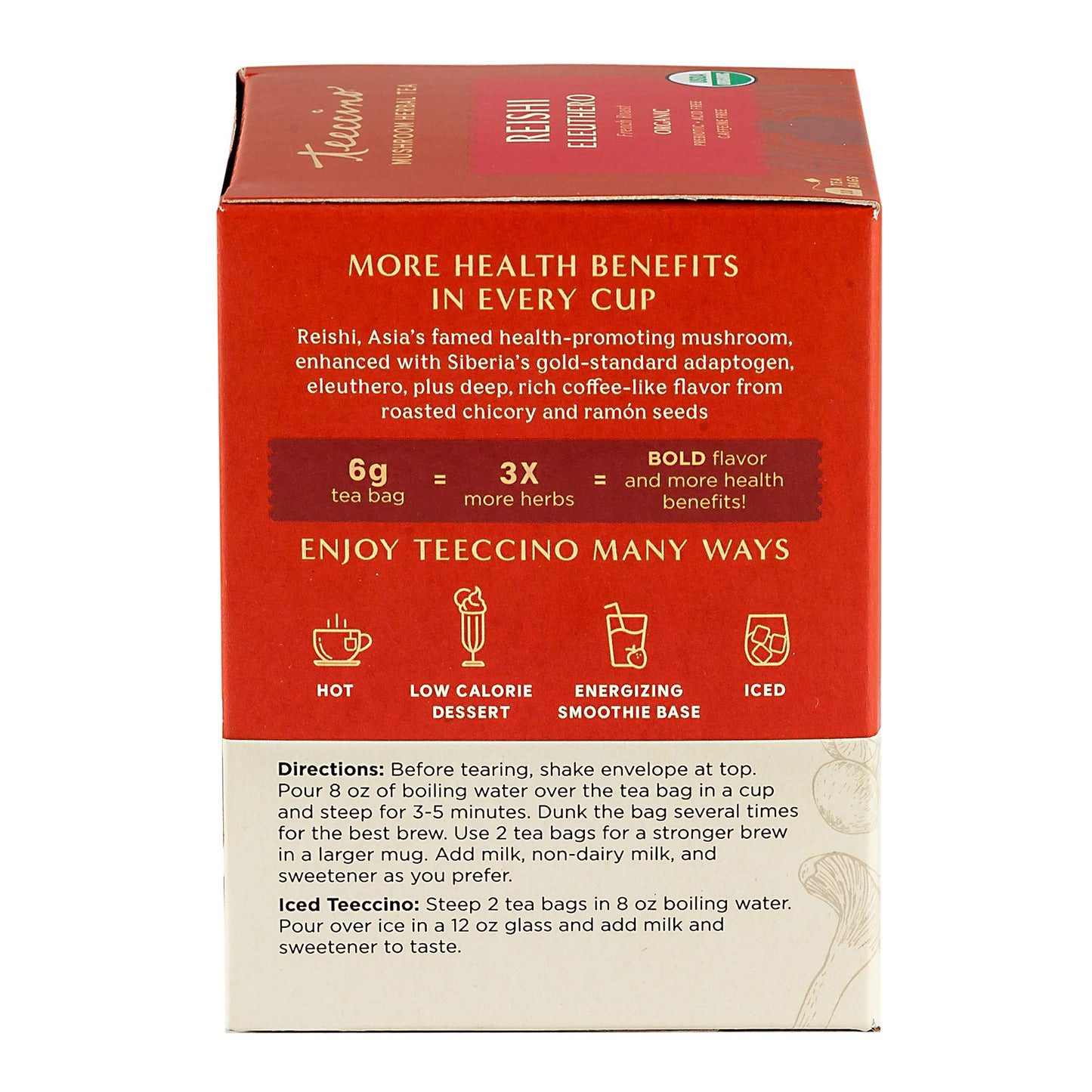 Teeccino Reishi Eleuthero Herbal Tea - Organic, Caffeine Free, 10 Tea Bags, French Roast