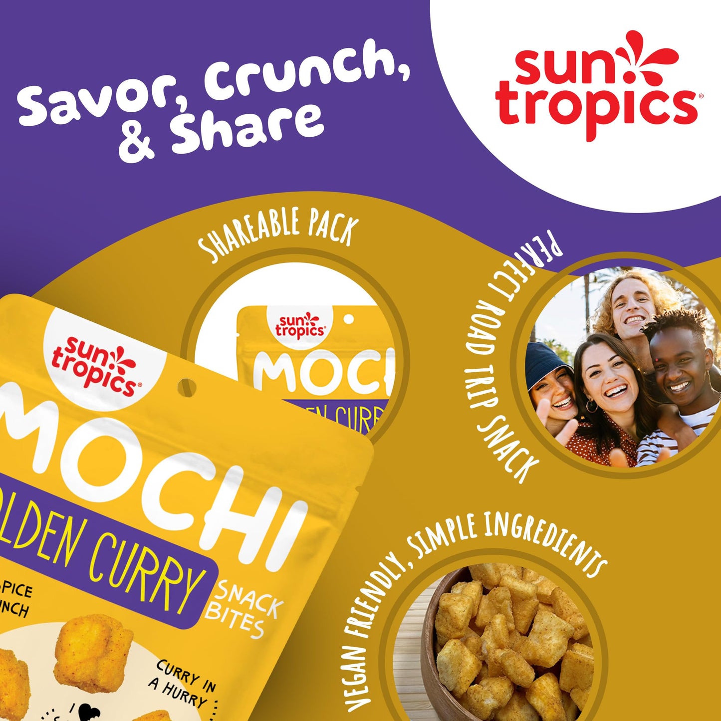 Sun Tropics Mochi Snack Bites, Golden Curry Flavor- 3.5 Oz (6 Pack) | Crispy Crunchy Mochi Bites, Rice Nuggets | Mochi Puff Rice
