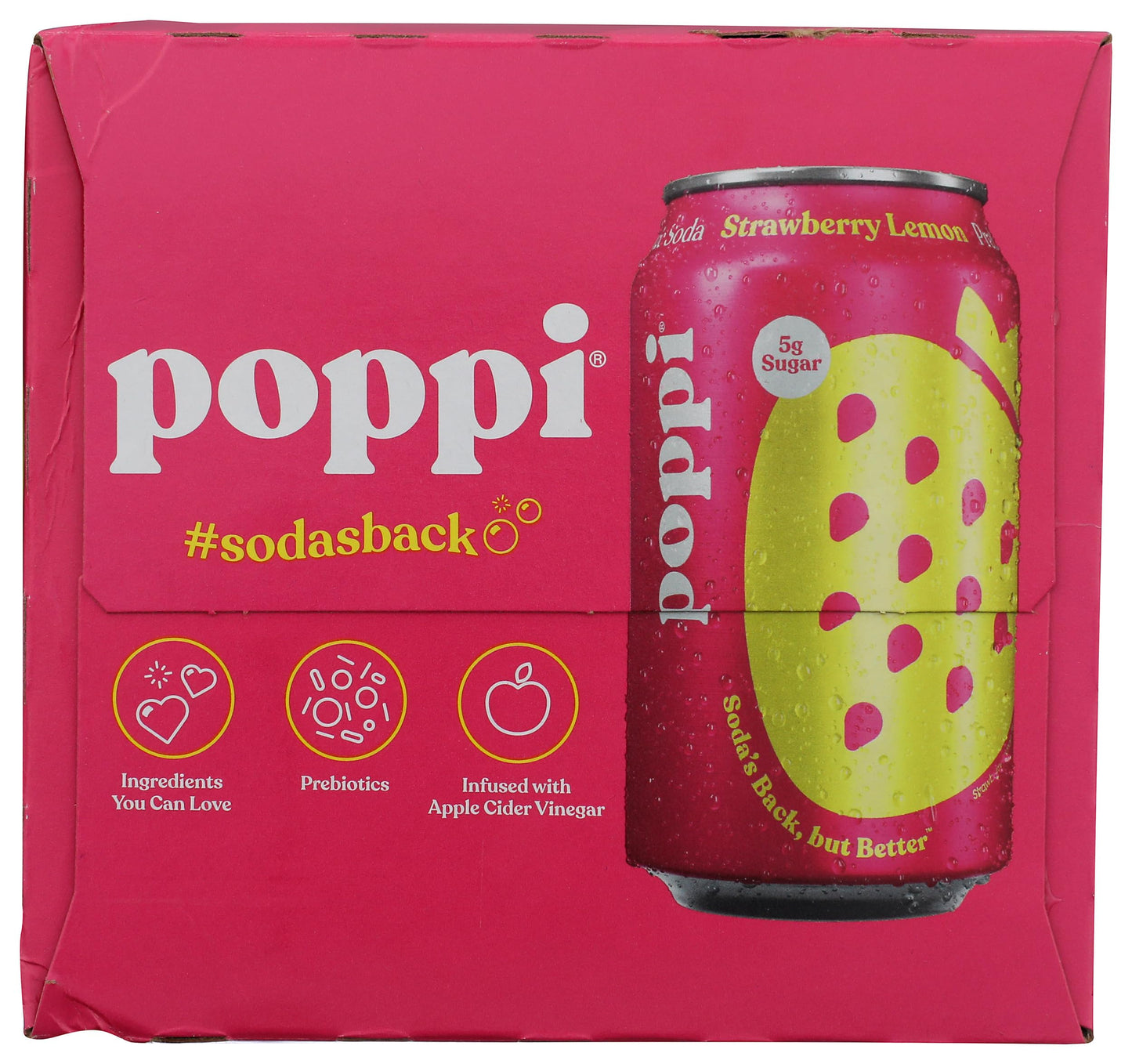 Poppi Strawberry Lemon Prebiotic Soda, 12 Fl Oz (Pack of 4), Model 0810063710019