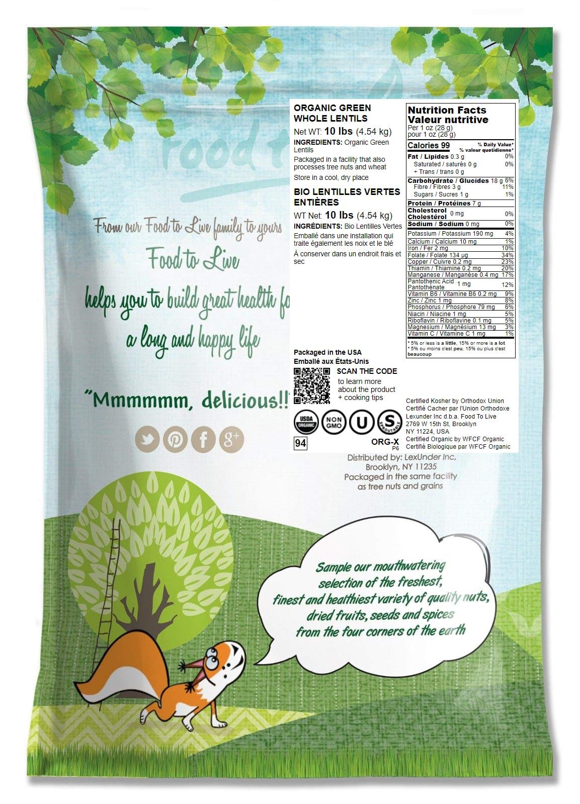 Food to Live Organic Whole Green Lentils, Non-GMO, Vegan, 10 Pound Pack