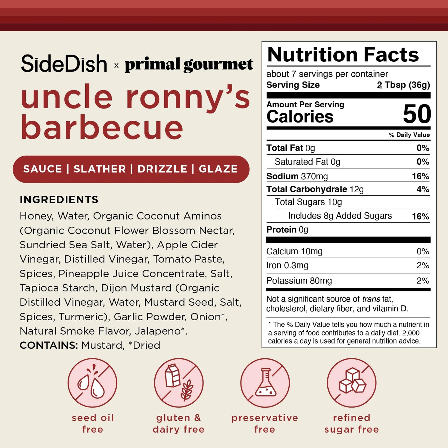 SideDish Uncle Ronny's BBQ Sauce - 3-Pack, Sugar-Free, Seed Oil-Free, Gluten & Dairy Free, Paleo-Friendly, 8 Fl Oz