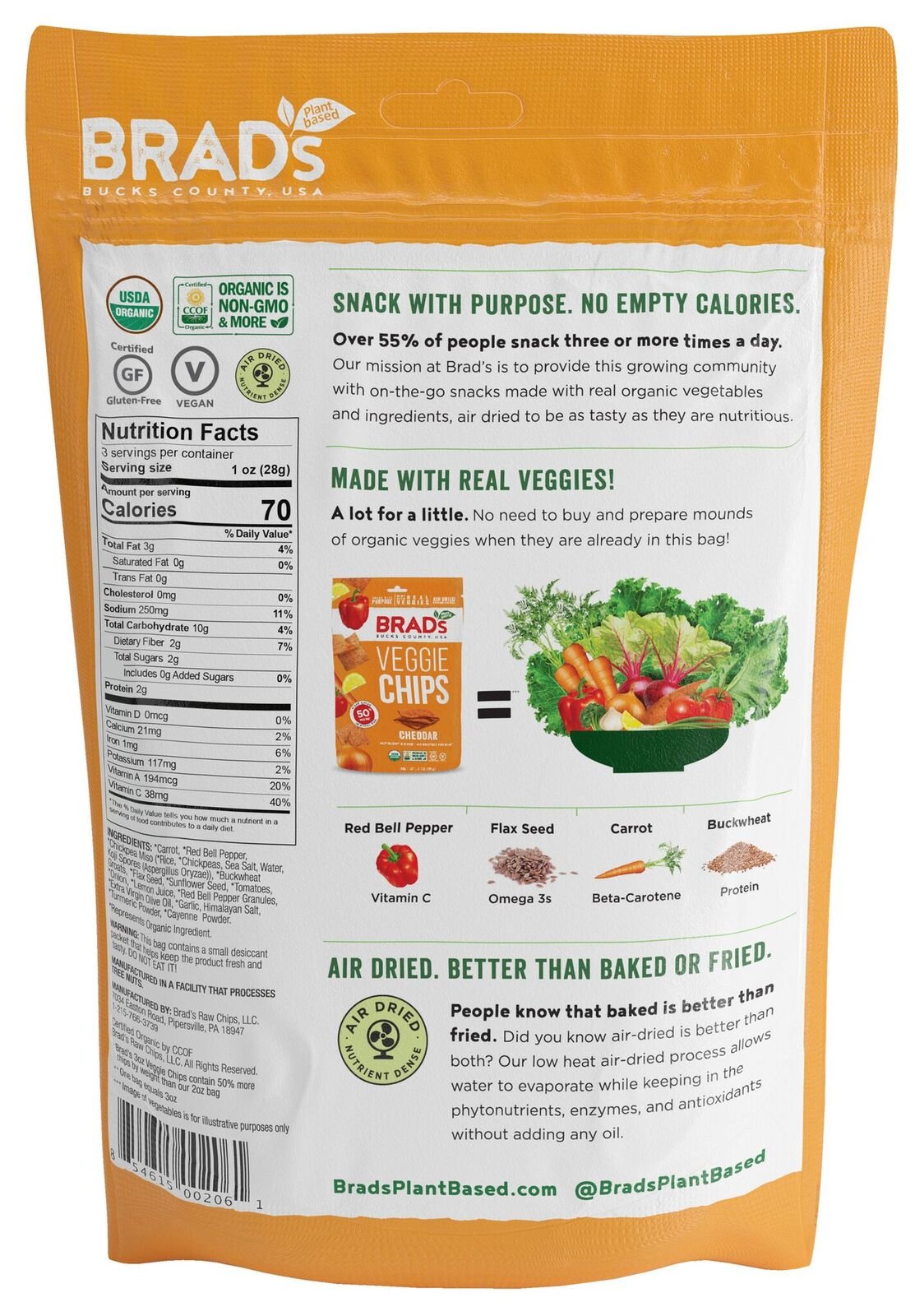 Brad'S Plant Based Organic Veggie Chips, Cheddar, 6 Bags, 18 Servings Total