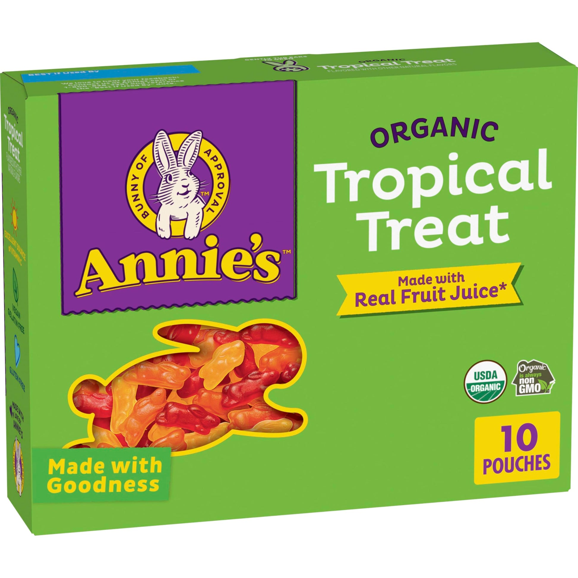 Annies Organic Bunny Fruit Flavored Snacks, Tropical Treat, Gluten Free, 10 Pouches, 7 oz