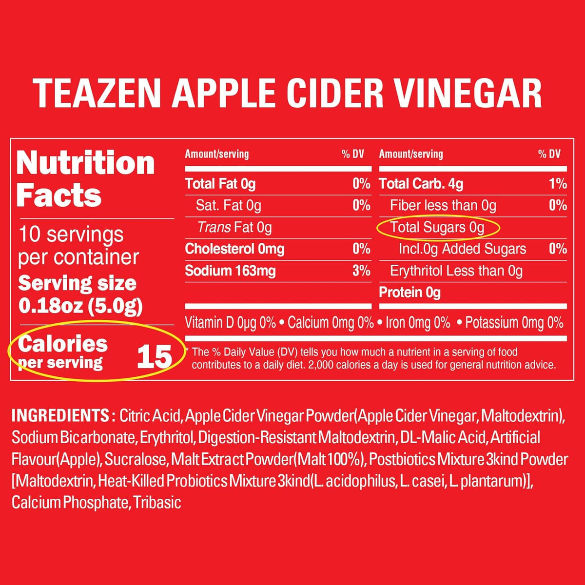 TEAZEN Apple Cider Vinegar Drink Powder – 1500mg ACV, Sugar-Free, 10 Sticks