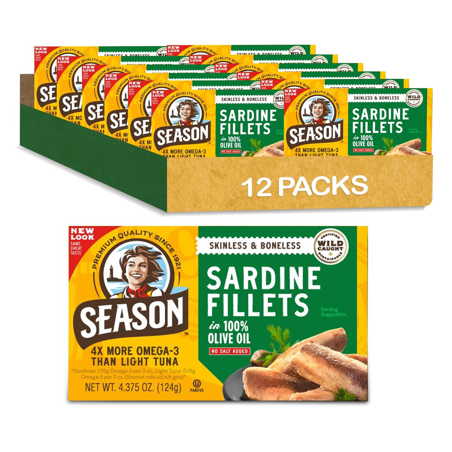 Season Sardines In Olive Oil - Skinless & Boneless, No Salt Added, Wild Caught, 22G Of Protein, Keto Snacks, More Omega 3S Than Tuna, Kosher, High In Calcium, Canned Sardines - 4.37 Oz Tins, 12-Pack