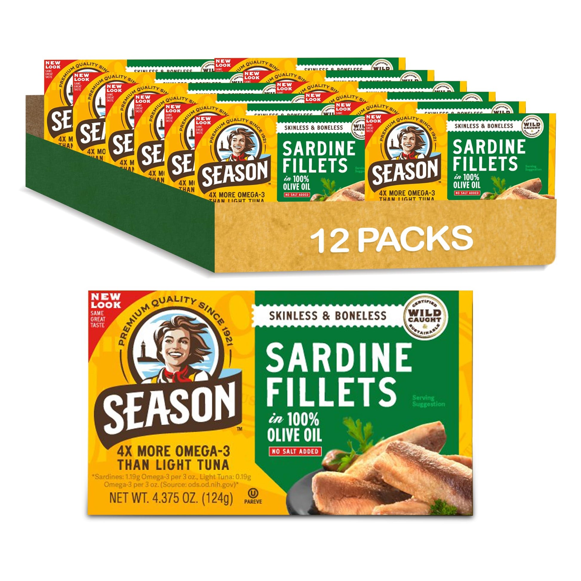 Season Sardines In Olive Oil - Skinless & Boneless, No Salt Added, Wild Caught, 22G Of Protein, Keto Snacks, More Omega 3S Than Tuna, Kosher, High In Calcium, Canned Sardines - 4.37 Oz Tins, 12-Pack