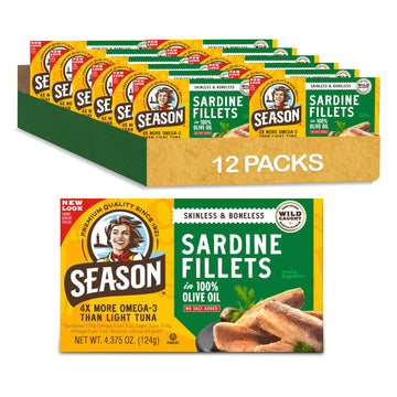 Season Sardines In Olive Oil - Skinless & Boneless, No Salt Added, Wild Caught, 22G Of Protein, Keto Snacks, More Omega 3S Than Tuna, Kosher, High In Calcium, Canned Sardines - 4.37 Oz Tins, 12-Pack