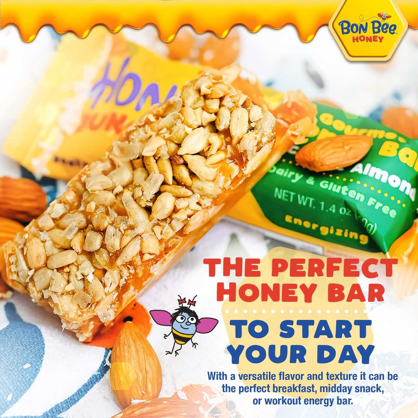 Bon Bee Honey Bunchies All Natural Honey Bar - Natural Breakfast & Nutrition Bars For Healthy Energy & Fuel - Variety Of Delicio