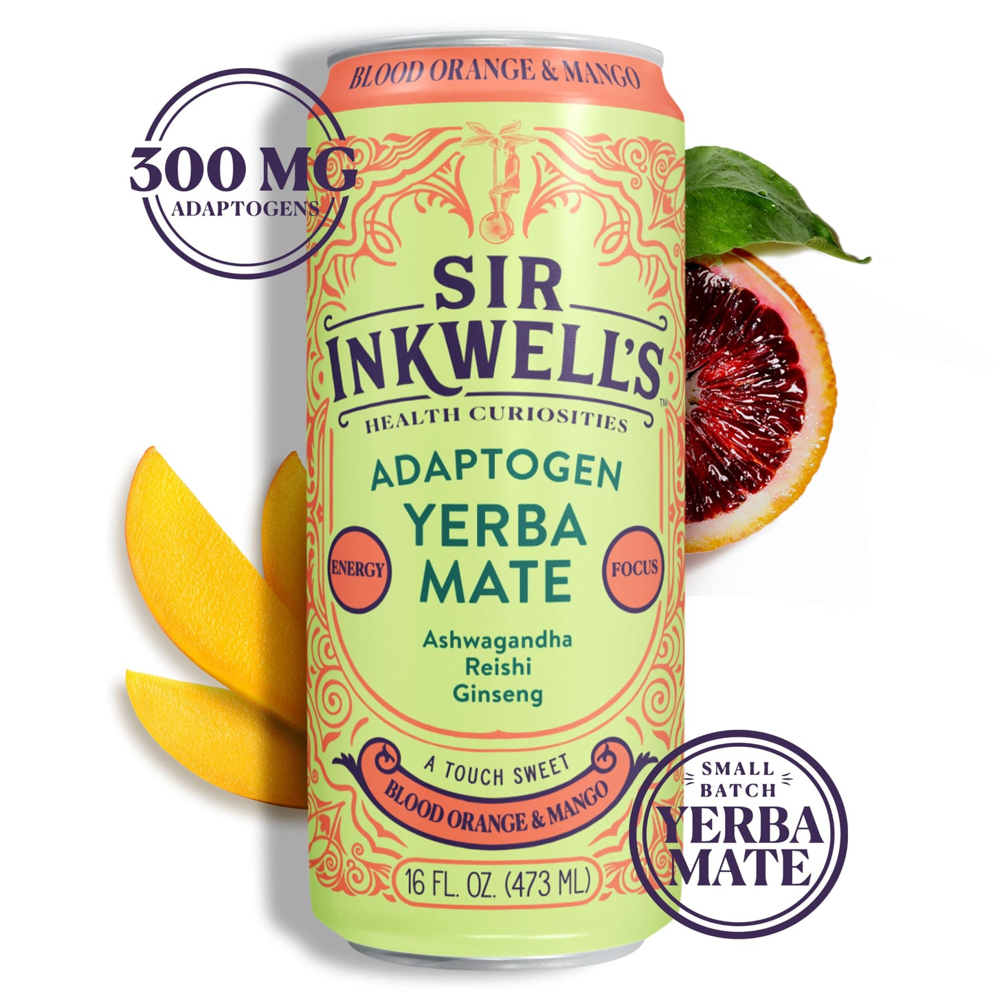 Sir Inkwells Adaptogen Yerba Mate, 150mg Organic Caffeine, 300mg Ashwagandha, Blood Orange & Mango, 16oz, 12pk