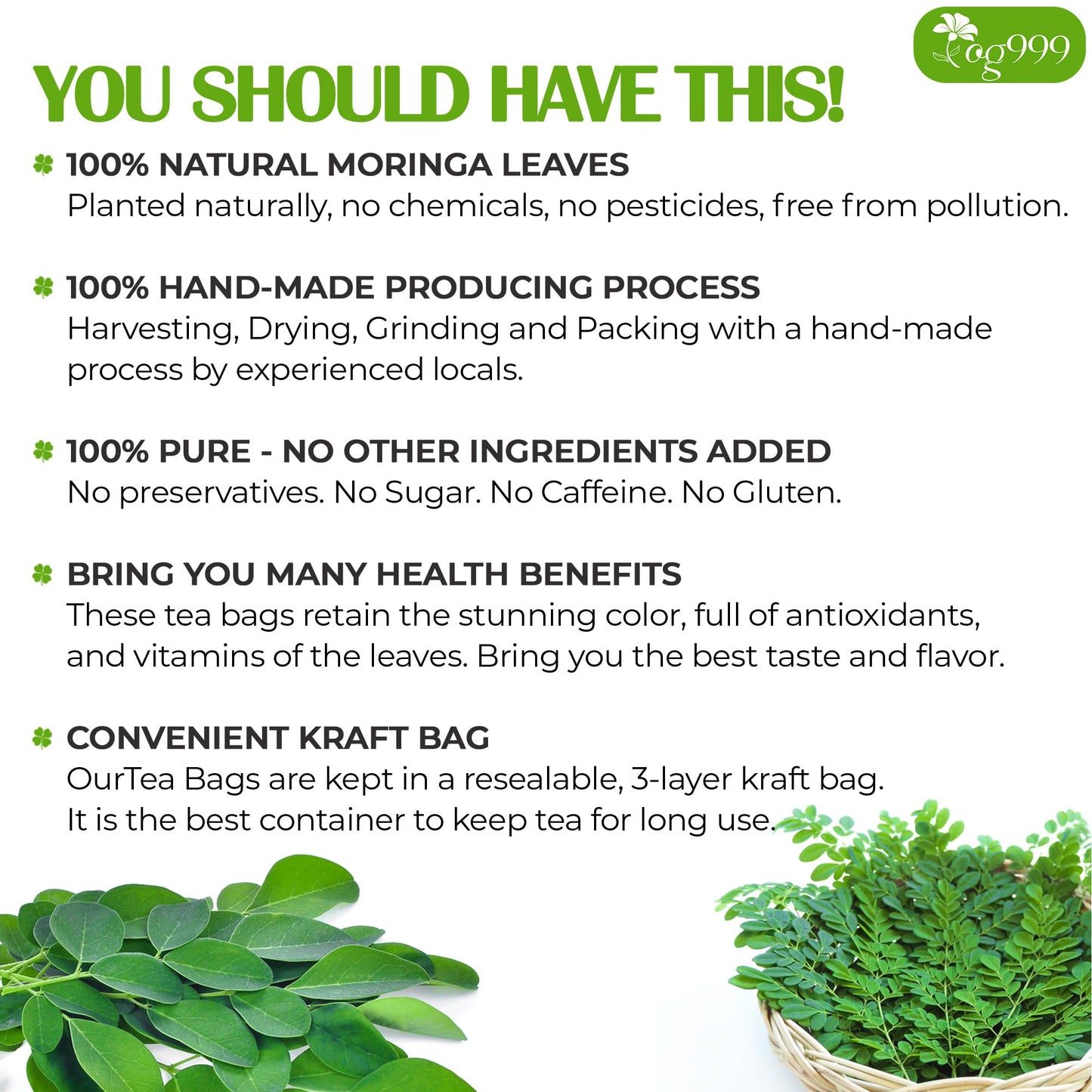 TOG999 Moringa Leaf Herbal Tea Bags, 100% Natural, Caffeine-Free, Vegan, 30 Bags