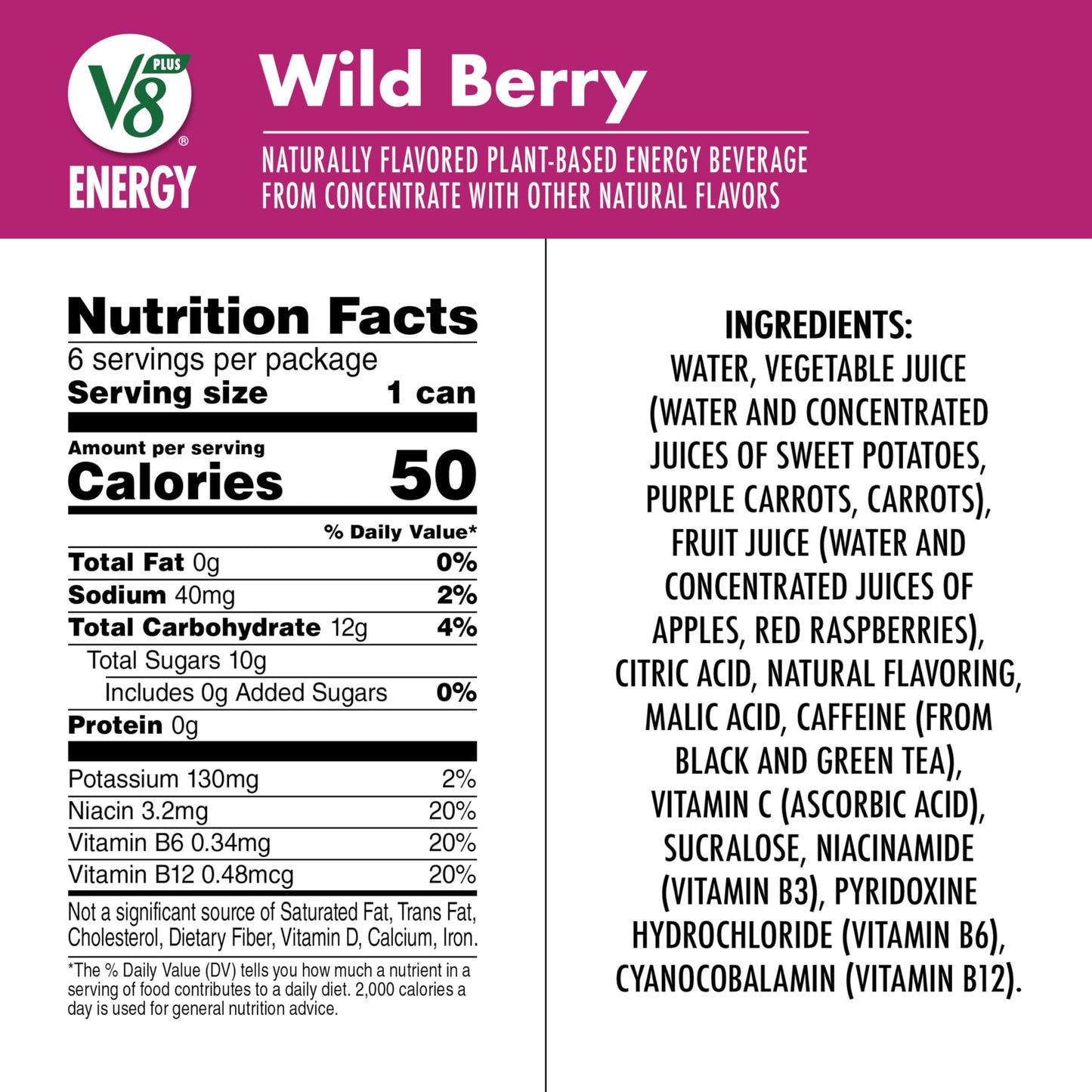 V8 Energy Drink Wild Berry, Pack of 6, 8 fl oz Cans, Model 200000027101