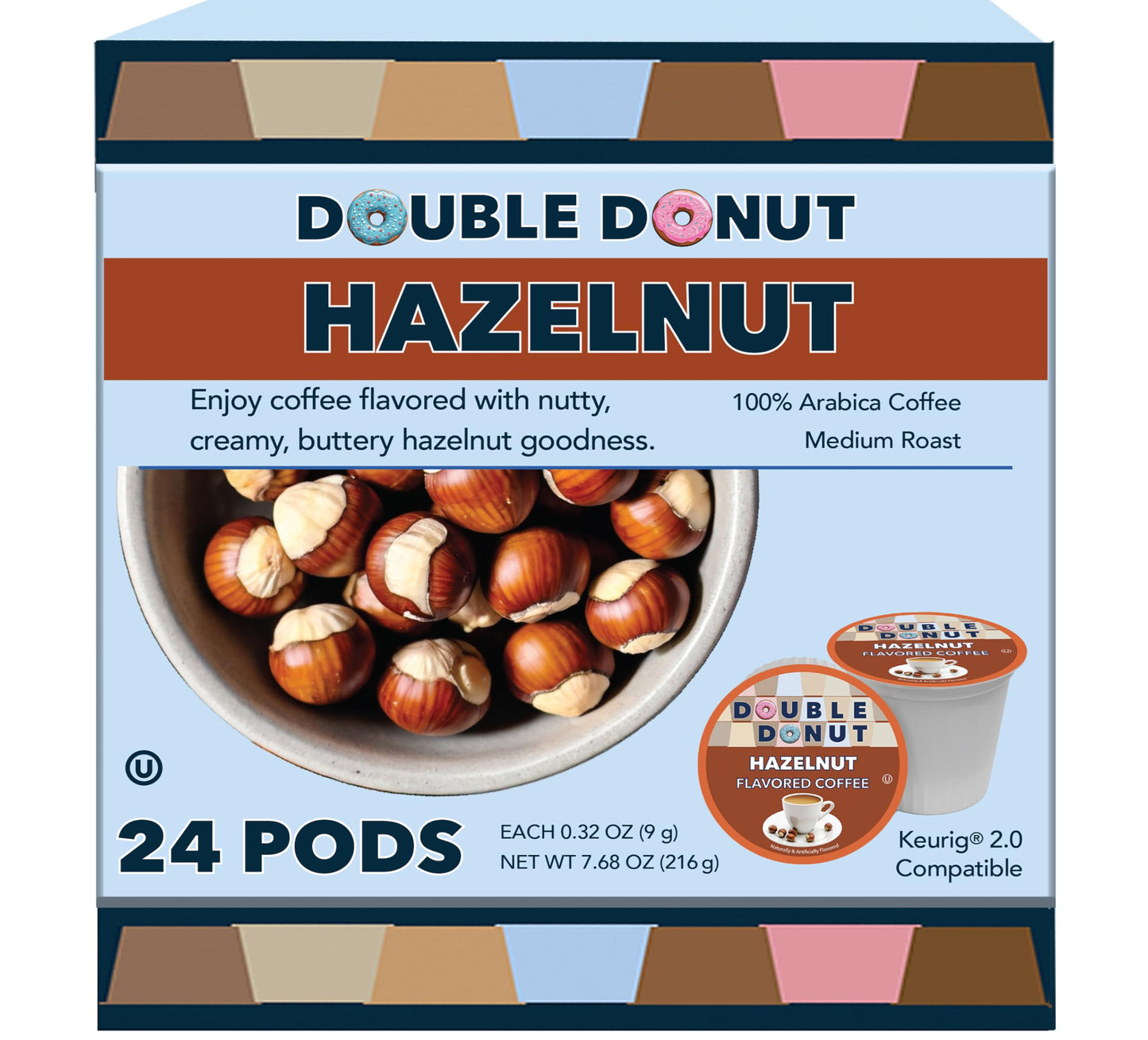 Double Donut Coffee Hazelnut Coffee Pods, 24 Count, Compatible with K Cups Brewers