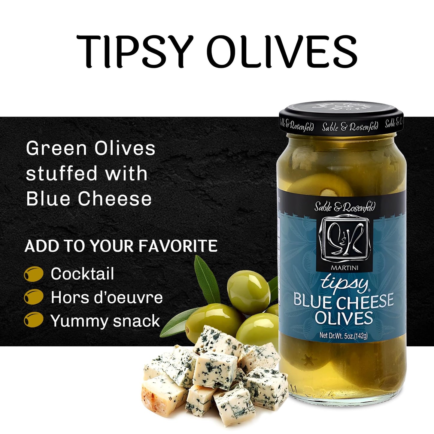 Sable & Rosenfeld Tipsy Green Olives Stuffed with Blue Cheese, 5 oz, Perfect for Cocktails and Bloody Marys