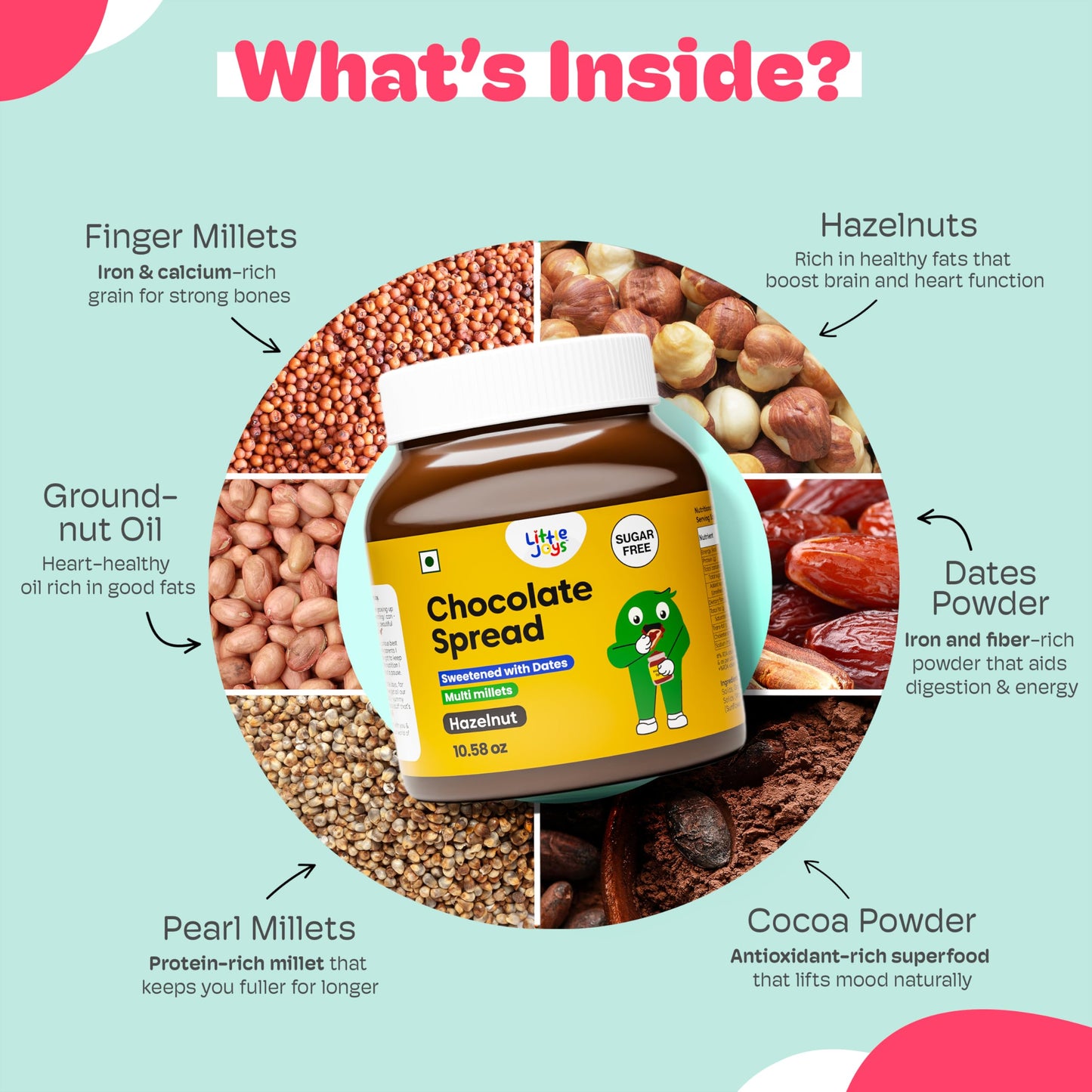 Little Joys Chocolate Spread. No Sugar, No Palm Oil, No Preservatives. Sweetened with Dates. Rich Hazelnut, Cocoa, Multi Millets