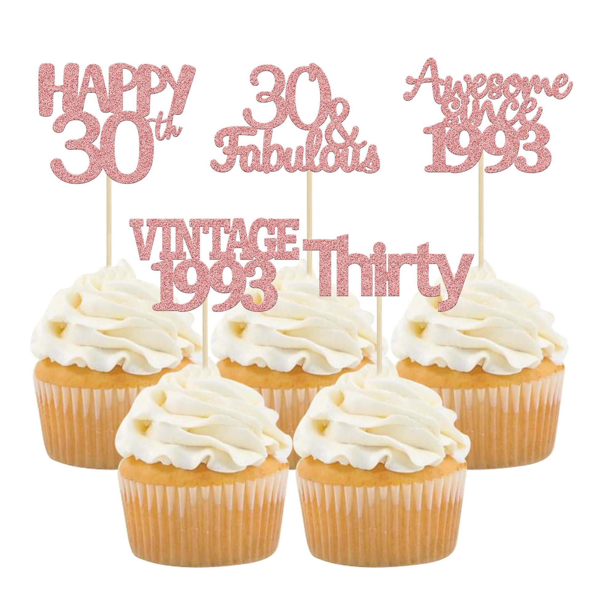 Gyufise 30Pcs Rose Gold Vintage 1993 Cupcake Toppers Glitter Number 30 Cheers To 30 Fabulous Thirty Cupcake Picks 30Th Birthday