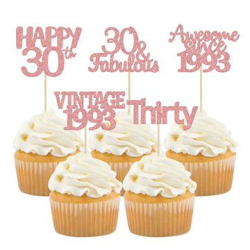 Gyufise 30Pcs Rose Gold Vintage 1993 Cupcake Toppers Glitter Number 30 Cheers To 30 Fabulous Thirty Cupcake Picks 30Th Birthday