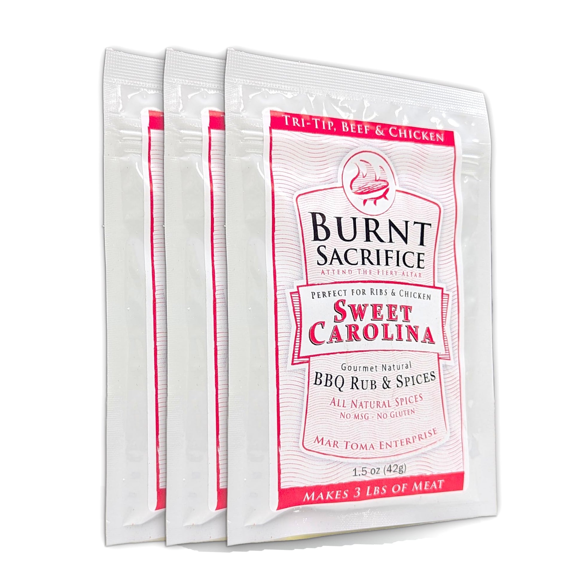 Burnt Sacrifice Sweet Carolina Style Gourmet BBQ Spice Dry Rub seasonings (1.5 Ounce Packet) Case of 6, Barbecue Pork, Ribs, Loi