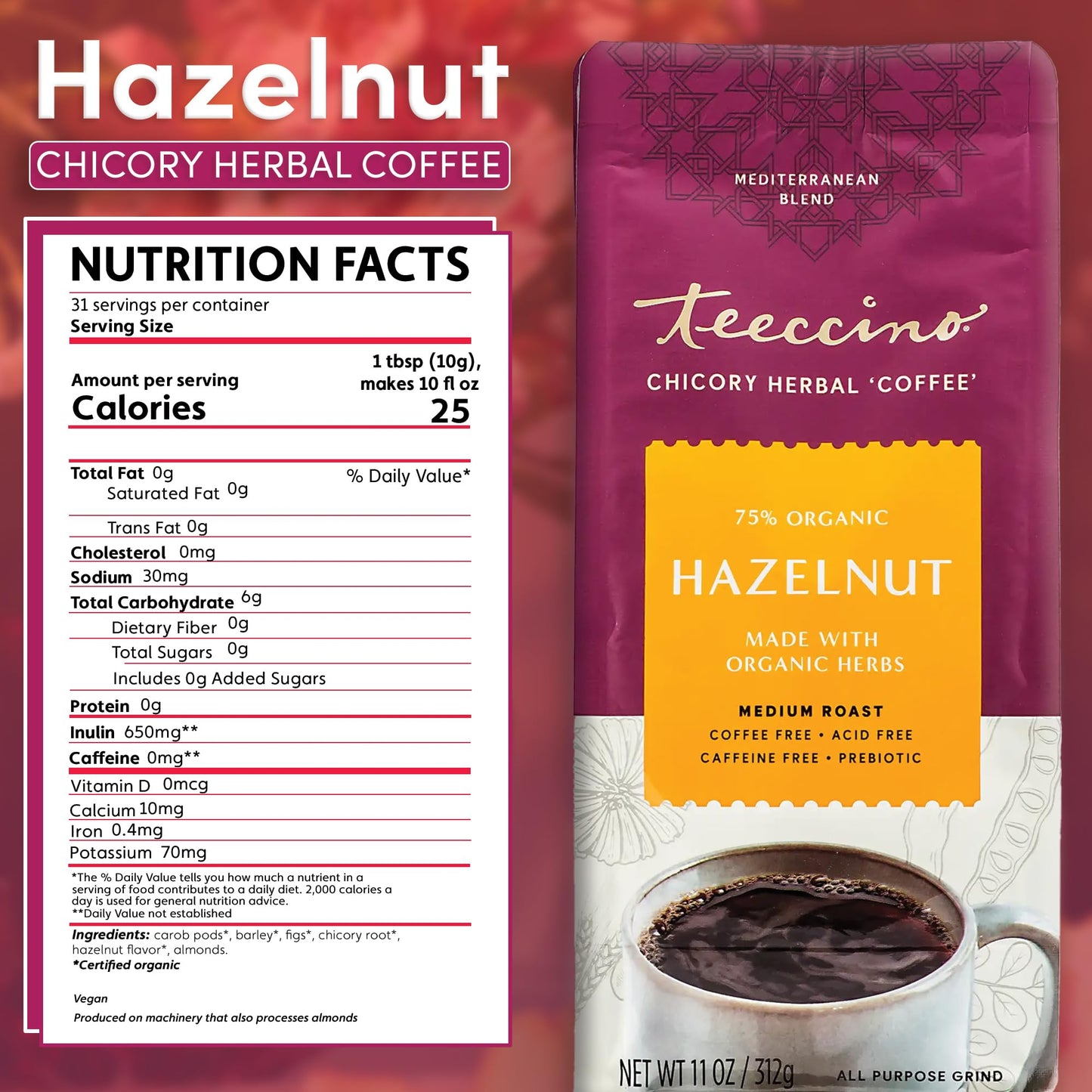 Teeccino Hazelnut Chicory Coffee Alternative, Caffeine-Free, Medium Roast, 11 Ounce (Pack of 6), Natural