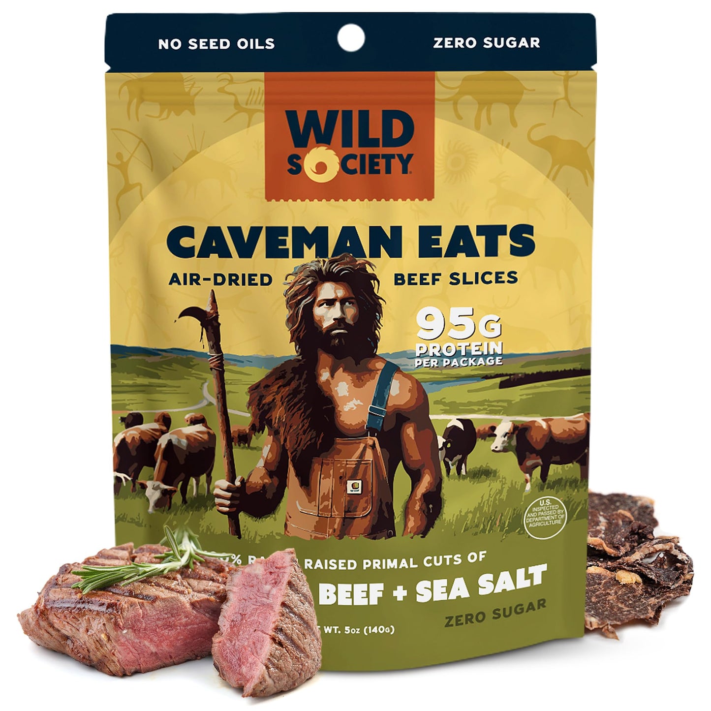 WILD SOCIETY Ribeye & Primal Steak Crisps - Grass Fed Beef Jerky - Sugar Free, Keto, Paleo - 5 oz