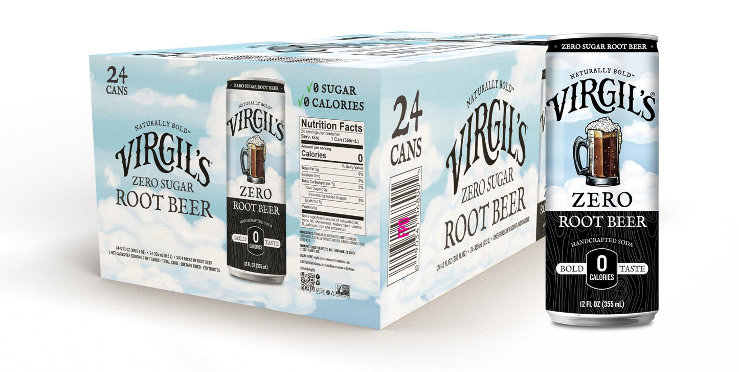 Virgils Zero Sugar Root Beer - 12oz Slim Cans, 24 Pack - Rich Bold Flavor, Zero Calorie