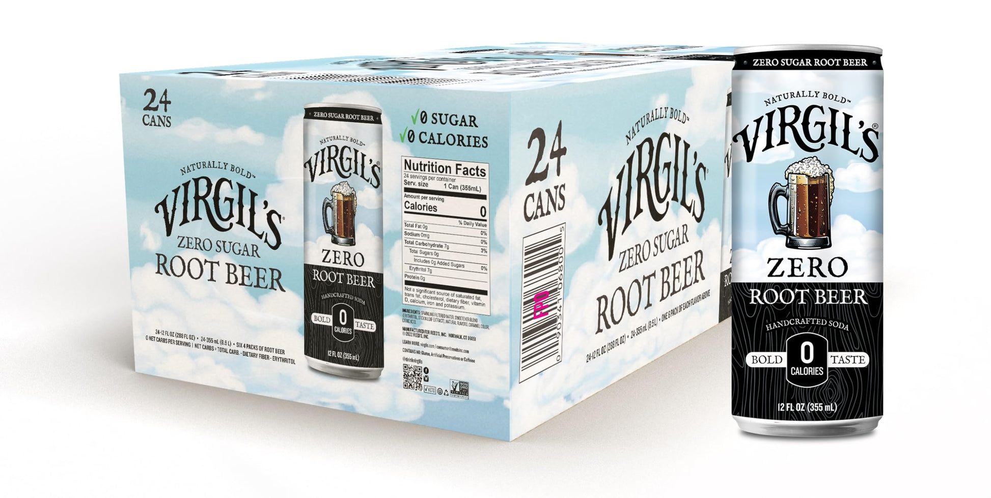 Virgils Zero Sugar Root Beer - 12oz Slim Cans, 24 Pack - Rich Bold Flavor, Zero Calorie
