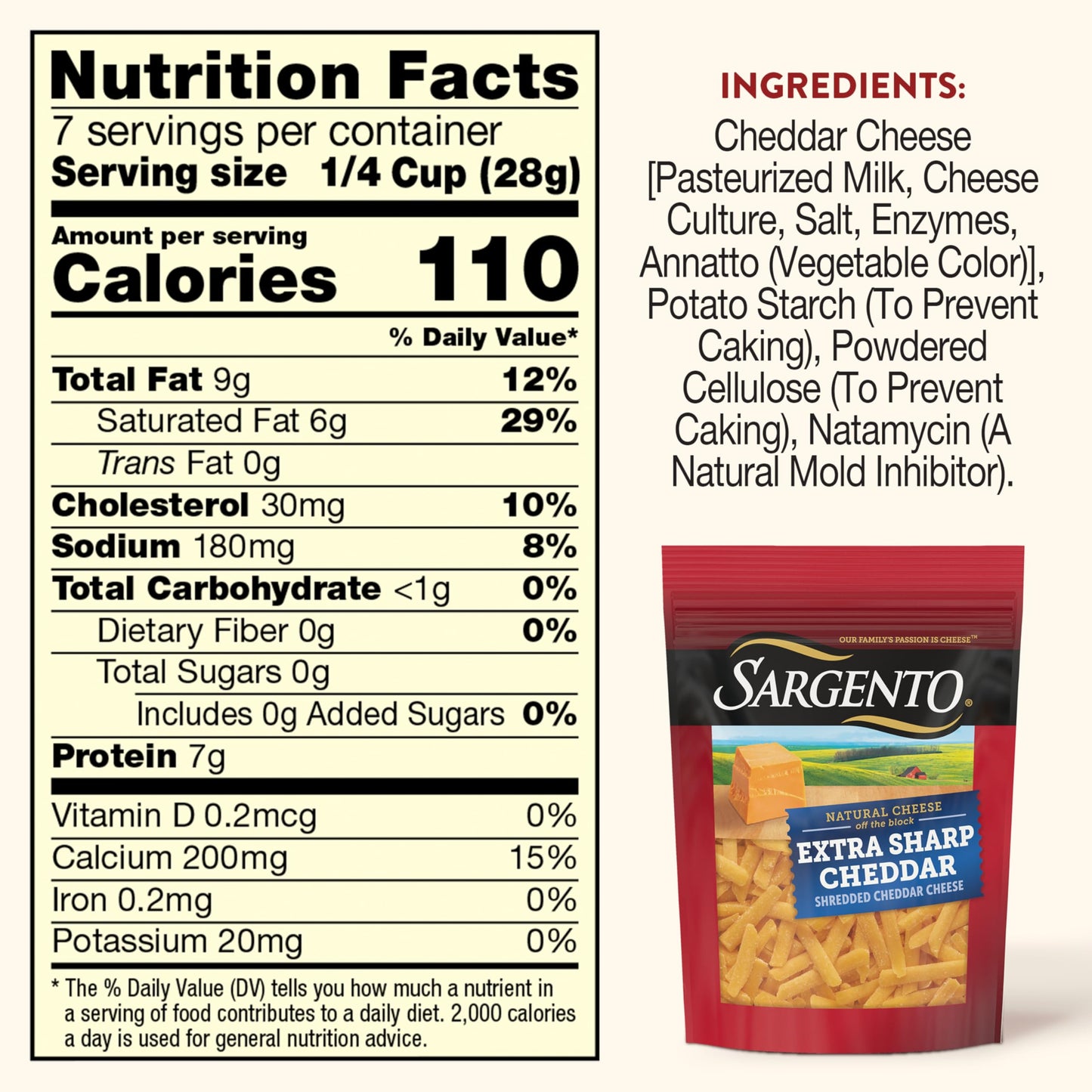 Sargento Natural Extra Sharp Cheddar Shredded Cheese, Fine Cut, 7 oz