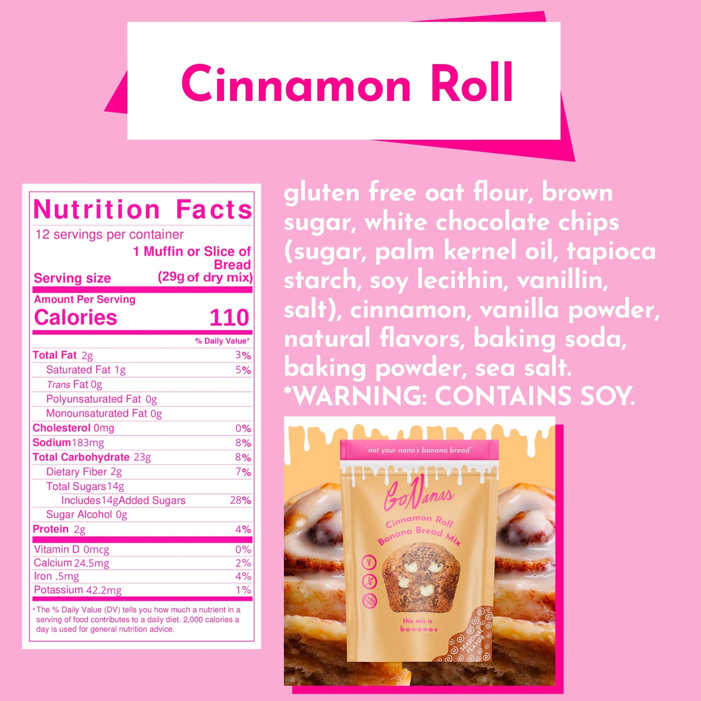GoNanas Cinnamon Roll Banana Bread Mix, Vegan, Gluten Free Healthy Snacks. Oat Flour Bread or Muffin Mix. Women Owned, US Ingred