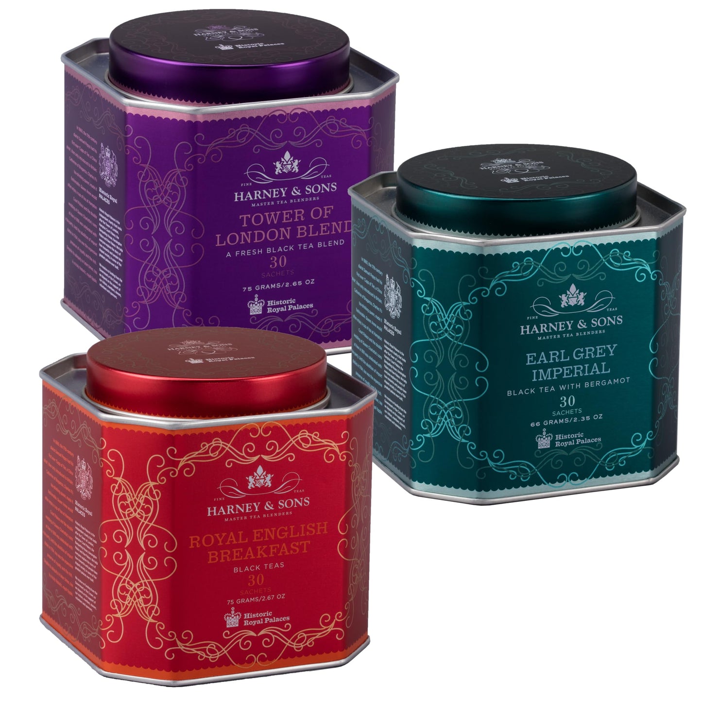 Harney & Sons Black Tea Collection Set of 3 - Tower of London, Royal English Breakfast, Earl Grey Imperial - 30 Count