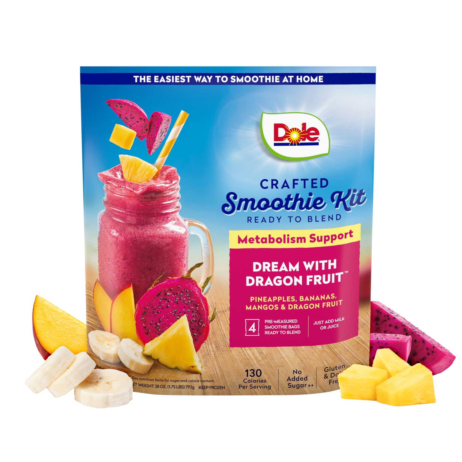 Dole Dream with Dragon Fruit Smoothie Kit - Frozen Crafted Smoothie Blend for Metabolism Support - Includes 4 Pre-Measured Bags 