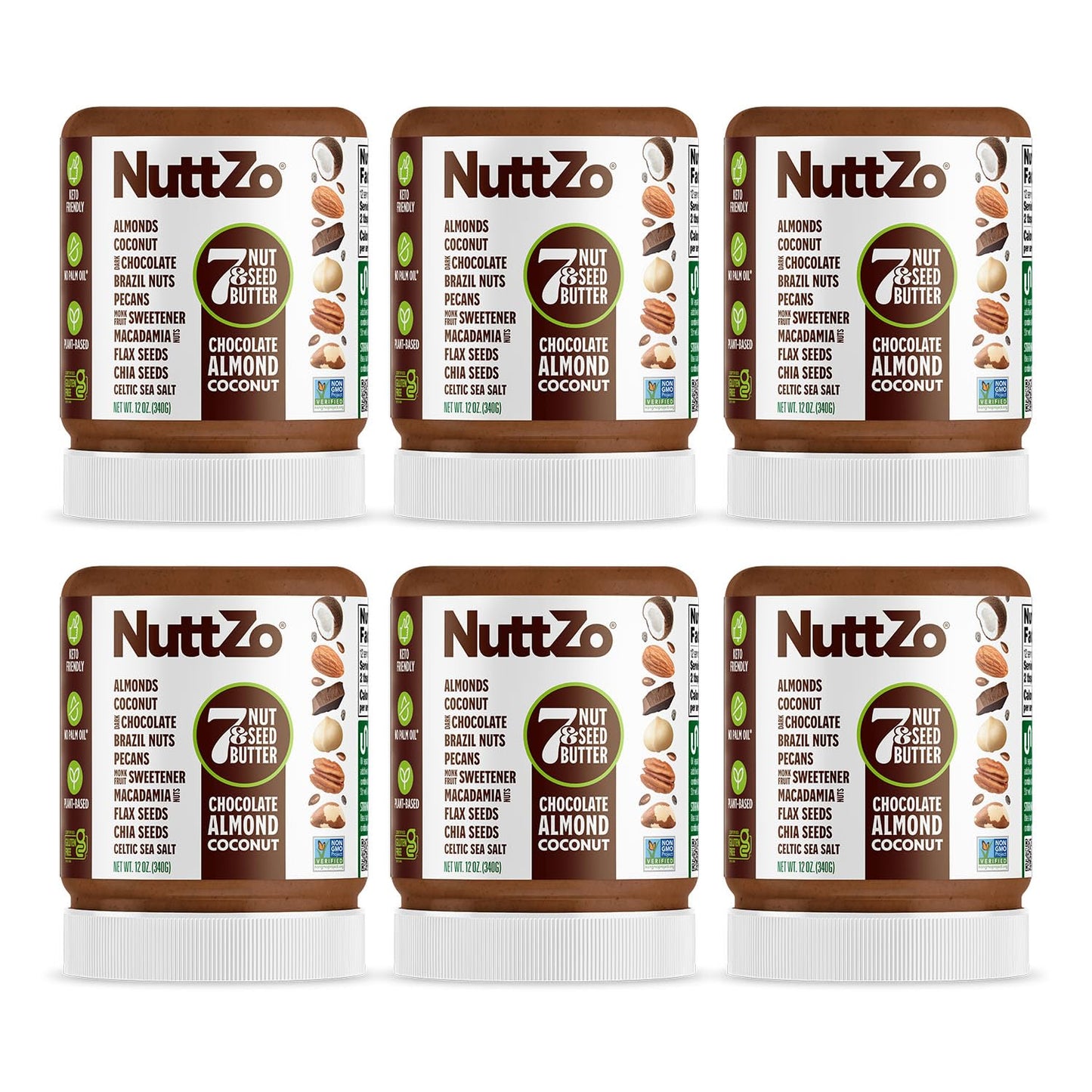 NuttZo Keto Dark Chocolate Nut Butter, Crunchy Coconut & 7 Nuts Blend, 12oz Jar (Pack of 6), Vegan, Kosher, 1g Sugar, 3g