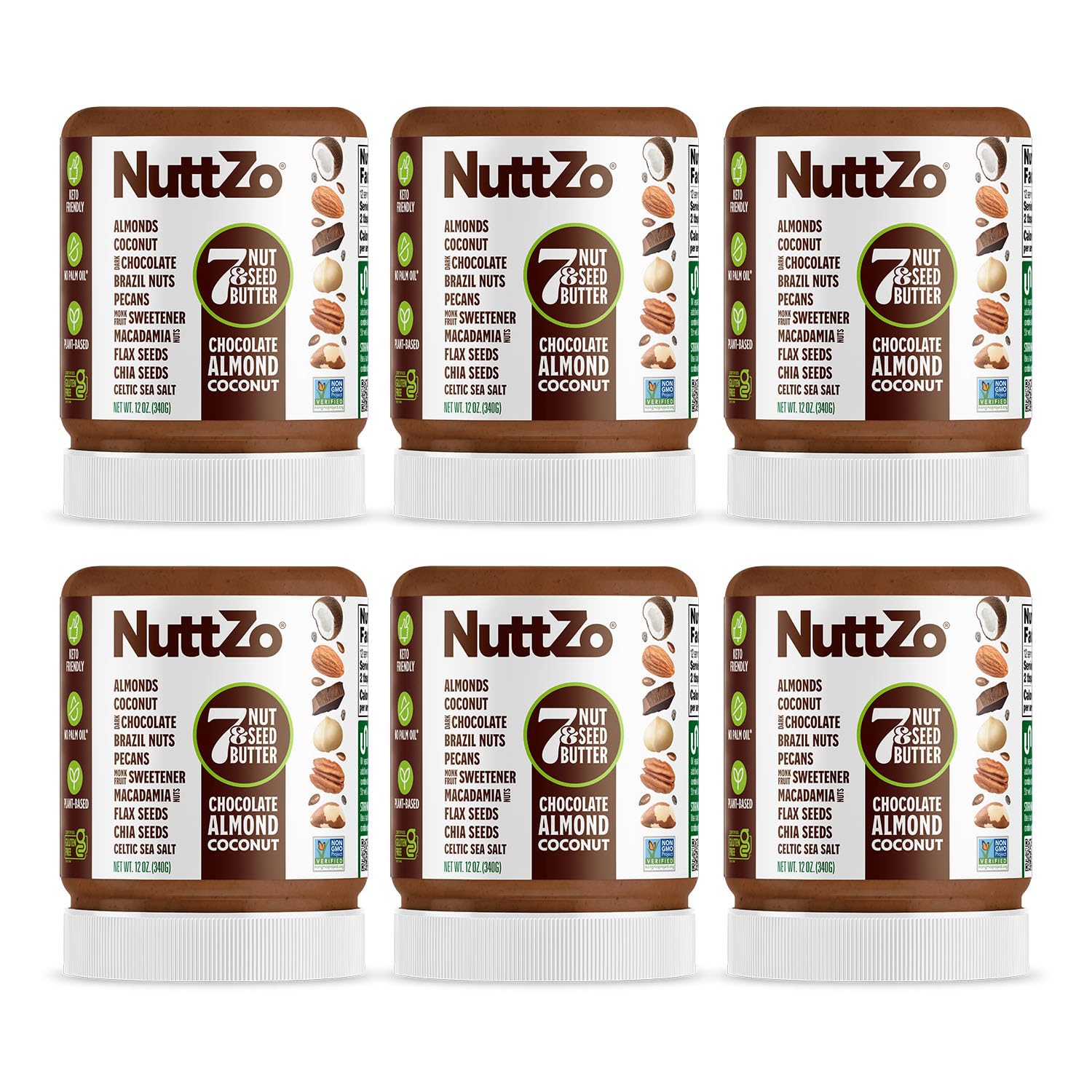 NuttZo Keto Dark Chocolate Nut Butter, Crunchy Coconut & 7 Nuts Blend, 12oz Jar (Pack of 6), Vegan, Kosher, 1g Sugar, 3g