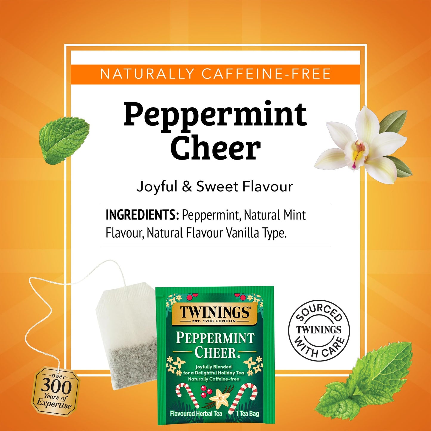 Twinings Peppermint Cheer Herbal Tea - Caffeine-Free, 20 Individually Wrapped Bags, Peppermint & Vanilla