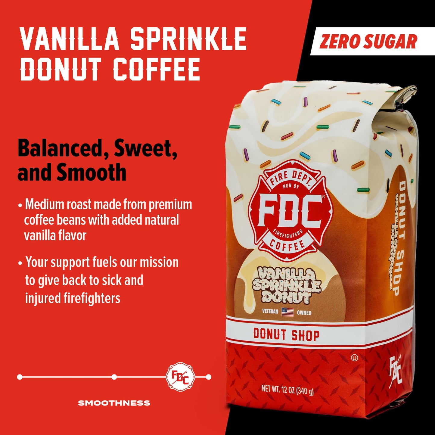 Fire Department Coffee - Gives Back To Firefighters - Vanilla Sprinkle Donut Coffee Beans - Medium Roast - Premium Whole Bean -