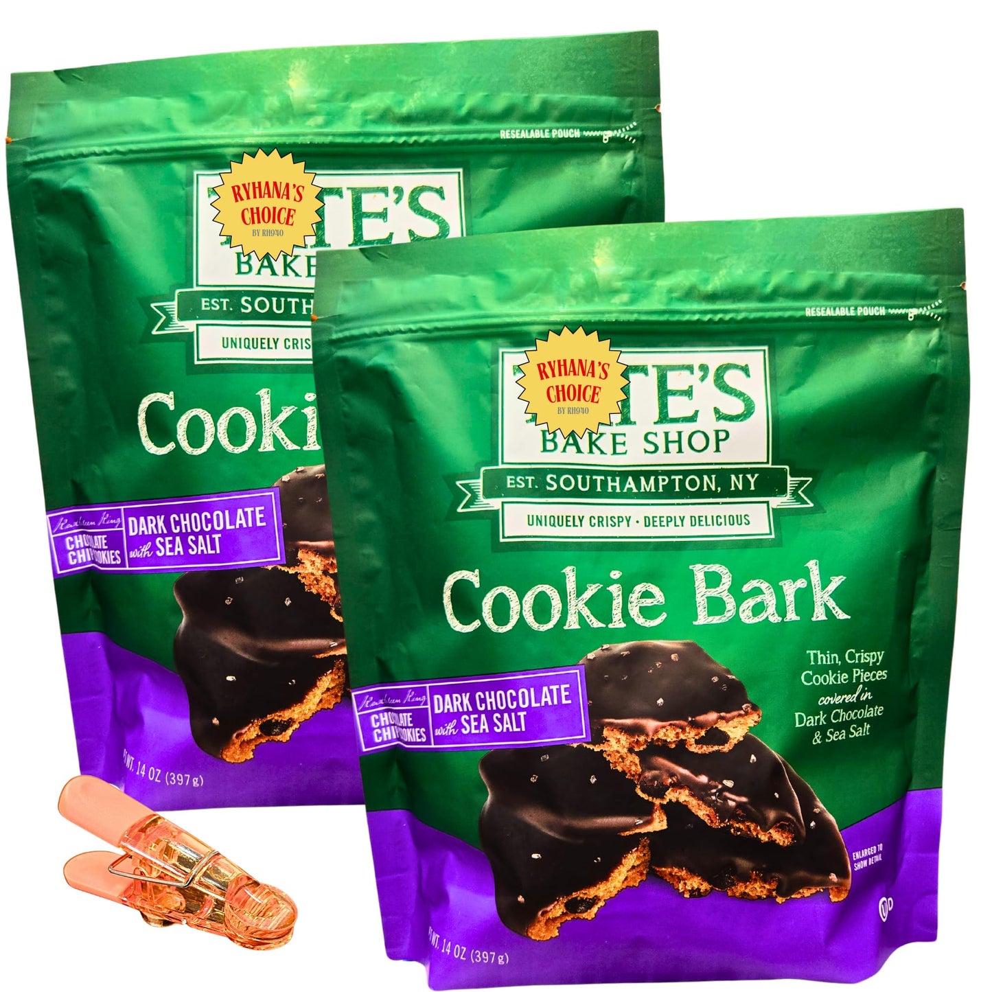 The Bake Shop Dark Chocolate Sea Salt Cookie Bark, 14 oz, Pack of 2 with Bonus Bag Sealer Clip by RH940